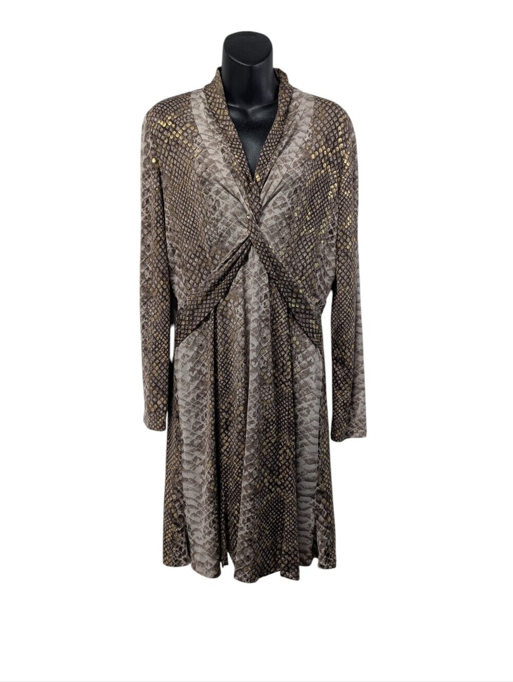 Joseph Ribkoff Snakeskin Print Twist Front Dress Gold Foil Brown Grey Size 12